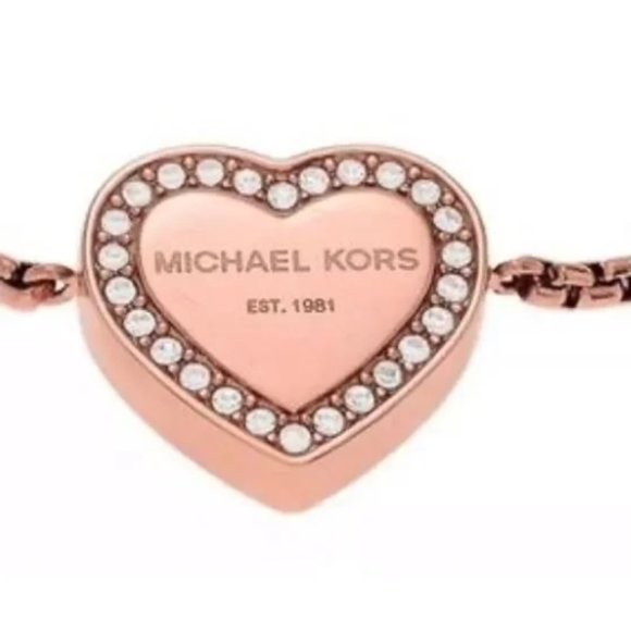 Michael Kors Rose Gold Heritage Pave Logo Heart Slider Bolo Bracelet - Picture 4 of 6